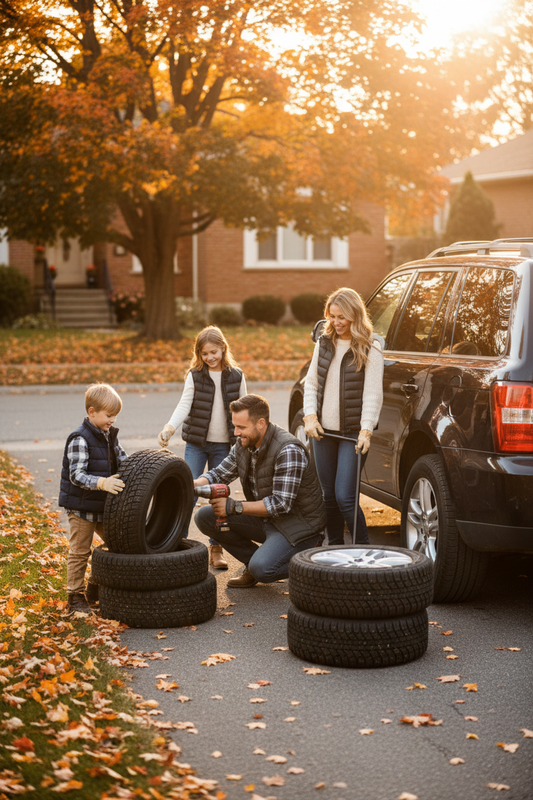 Family preparing tires beside an SUV on an autumn driveway